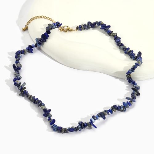 Raw Crystal Necklaces for Women 5-8mm Handmade Natural Stone Necklace Beaded Choker Necklace Healing Crystal Necklace Gemstone Necklace Raw Crystal Beaded Necklace for Her - style: Lapis Lazuli