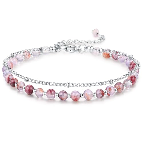 Peridot Stand Silver Gold Bracelets, Handmade Birthstone Stack Bracelet Crystal Gemstones Bead Chain Gift for Women, 8" - color: Silver-02-Amethyst