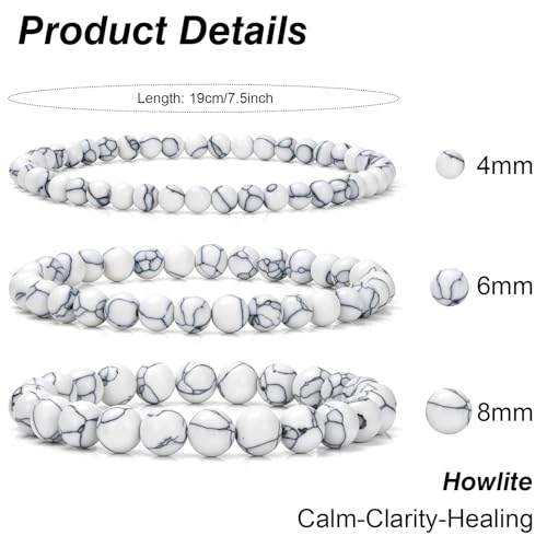 3Pcs Natural Healing Crystal Bracelets for Women Men, 4mm 6mm 8mm Beaded Stretch Bracelet Set, Black Tourmaline Natural Stone Gemstone Jewelry Gifts for Meditation, Reiki & Yoga - color: Howlite