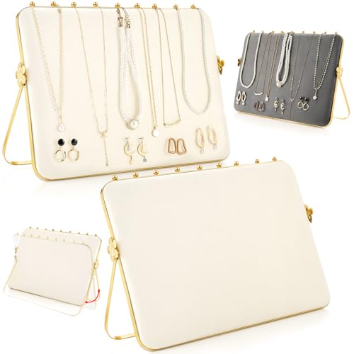 Colingmill 2 Pack Necklace Display Stand for Vendors 14 x 9.7 Inch Large Velvet Necklace Display Stand Double-sided Chain Holder Beige Grey Chain Jewelry Holder for Selling Craft Show Exhibidores