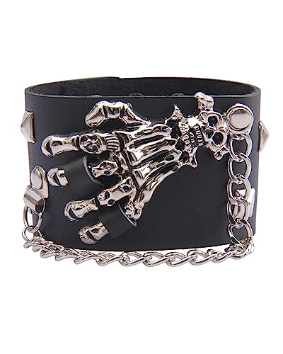 GelConnie Leather Cuff Bracelet Punk Braided Bracelets Rock Leather Wristbands Faux Mens Leather Bracelet Gothic Viking Bangle Adjustable Wrap Bracelet for Women,Men - color: Black Skull Leather Bracelets