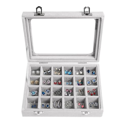 Velvet Jewelry Box 24 Grid Jewelry Earrings Display Organiser Box Ring Tray Holder Earrings Storage Case for Girls Women Wife Mom (Gray) - color: Gray