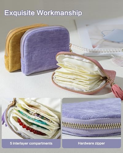 Travel Jewelry Case, Small Velvet Jewelry Bag with Zipper, 5-Layer Anti-Scratch Pouch for Bracelets Necklaces Earrings, Tangle-Free Jewelry Storage, Gift for Her Chenille Velvet Yellow - color: Yellow