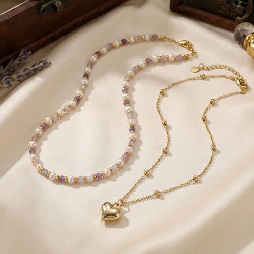 Colorful Gold Stack Seed Beaded Choker Necklace Set for Women,Handmade Boho Fashion Christian Cross Heart Freshwater pearl Jewelry,Valentine's Summer Holiday Beach Friendship Gift - color: Gold Heart
