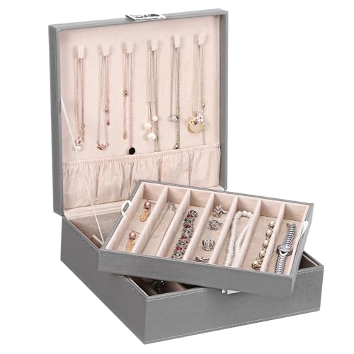 BEWISHOME Jewelry Box Organizer, 2-Layer Necklace Organizer Box, Modern Style Necklace And Bracelet Storage Case, Necklace Case for Women, Girls Mothers Day (Grey SSH31H) - color: Grey