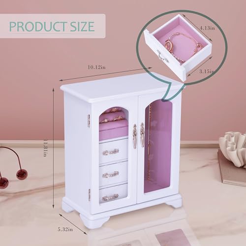 White Jewelry Box,Handle Carving Craft Wooden Jewelry Boxes,With Swivel Hook And Velvet Lining Large Jewelry Box For Women,Suitable As Gift For Friends
