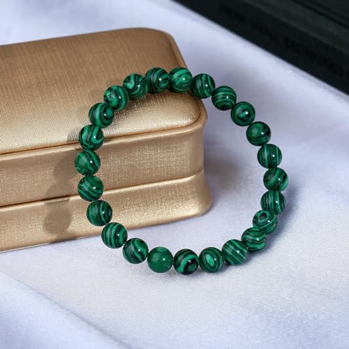 MAIBAOTA Healing Crystal Bracelet for Women Men, 8/4 mm Natural Stone Beaded Bracelets, Jewelry Birthday Gifts, Round Gemstones Stretch Bracelets - color: Green-Malachite, size: 8 mm