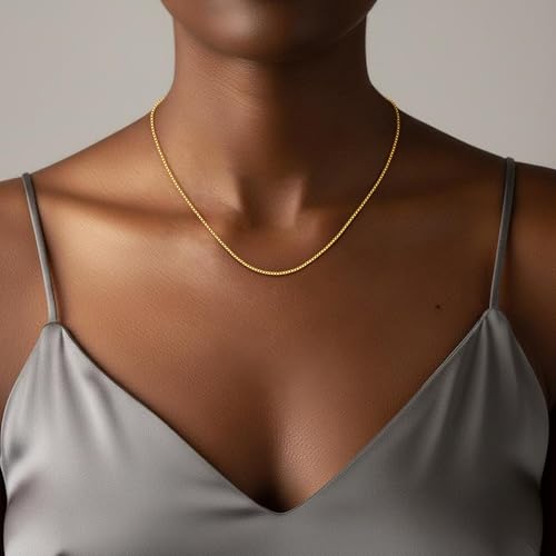 18K Gold Plated 925 Sterling Silver Chain for Women, 1mm Box Chain Dainty Gold Necklace Jewelry Gifts for Women Mom Girlfriend - size: 16 Inches