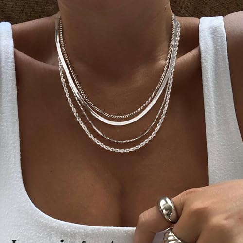 Tewiky Layered Necklaces for Women Non Tarnish- Chunky 14k Gold Plated Herringbone/Snake/Rope/Box/Cuban Link Chain for Women Waterproof Layering Stack Choker Necklace Trendy Dainty Tarnish Free Jewelry Set - color: 4 Layered Necklace Silver