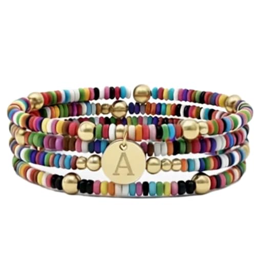 Set of 4 Colorful Bead Initial Bracelets, Personalized Stackable Jewelry, Adjustable Stretchy Charm Bracelets for Women, Beaded Bracelet Set, Trendy Custom Jewelry Gift - style: Colorful Bead - A