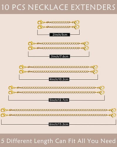 OHINGLT Necklace Extender 10Pcs Chain Extenders for Necklaces Bracelet, 14K Gold Plated Stainless Steel Extension Chain for Women Jewelry Making - color: Necklace Extender 10Pcs Gold