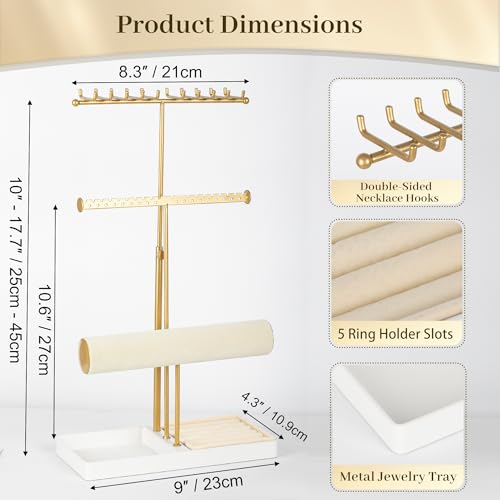 Tirzah 3-Tier Adjustable Jewelry Holder Organizer Stand with 20 Necklace Hooks, 18 Earring Holes and Notches, Bracelet Holder, 6 Ring Rolls, Jewelry Tray for Girls, Women - color: Gold & White, for Necklace Earring Bracelet