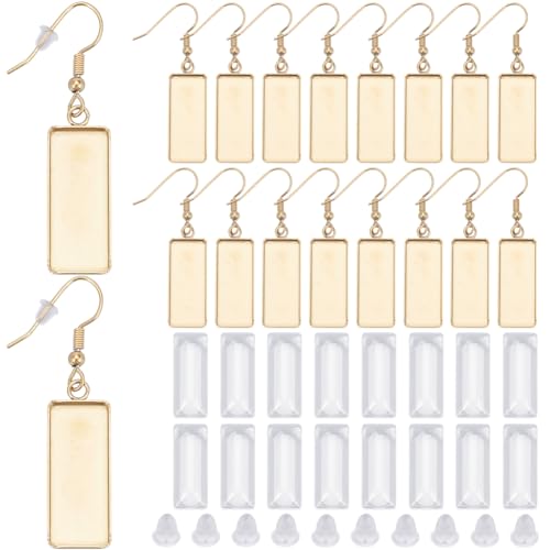 1 Box 60Pcs 20 Sets Gold Bezel Earring Blanks Earrings Wire Hooks Blanks Bezel Trays with 20Pcs 10x25mm Rectangle Glass Cabochon Settings Silicone Earring Backs for Jewelry Making DIY Dangle - style: Style 2