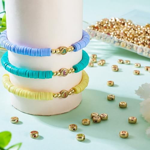 500Pcs Vowel Letter Opaque Acrylic Beads 7x3.5mm Flat Round Initial Letter Alphabet A/E/I/O/U Loose Spacer Beads for DIY Friendship Bracelet Necklace Jewelry Making - color: Golden Color