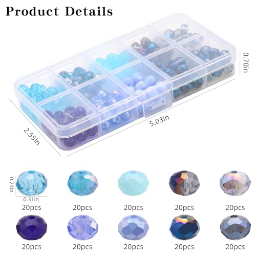 200pcs 8MM Faceted Rondelle Glass Beads for Jewelry Making, Briolette Crystal Glass Beads Plated Round Loose Spacer Beads for DIY Supplies Bracelets Necklaces Earrings (Blue) - color: Blue