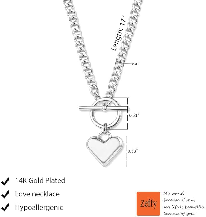 Zeffy 14K Gold/Silver Plated Chunky Thick Chain Toggle Clasp Necklace Dainty Baroque Pearl/Heart/Cross/Turquoise Pendant Necklace