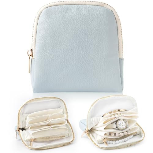 Genuine Leather Travel Jewelry Organizer Case Pouch Bags with Zipper, Small Mini Portable Jewelry Storage Bag for Ring Earrings Necklace Bracelet Travel Essentials Gift for Women（Light Blue） - color: Lychee Grain Leather Baby Blue