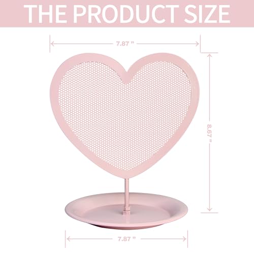 Earring Holder for Girls – Heart-Shaped Pink Metal Stand Jewelry Organizer with Tray for Rings & Bracelets, Cute Vanity Display for Teen Room Decor