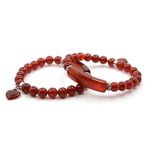 Justinstones Gem Semi Precious Gemstone Love Heart Charm Stretch Beaded Bracelet Unisex - color: Red Agate