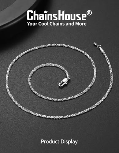 ChainsHouse Flat Box Chain Necklace Men, 2/4/6/8mm Round Link Chain Necklaces, Stainless Steel/Black/14K Gold Plated Mens Jewelry, 14"-30" Length, Come Gift Box - color: A-2mm-stainless, size: 18 Inches
