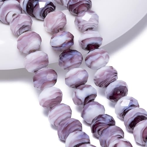 7.5×10mm 50pcs Purple White Faceted Lampwork Glass Beads for Jewelry Making, Flat Round Handmade Murano Beads for Bracelets, Crafts, Friendship Bracelet Kit, Rosary Making - color: Purple White