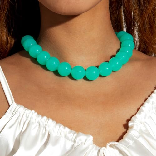 Colorful Chunky Beaded Necklace for Women Acrylic Bead Choker Necklaces Fashion Large Round Beads Necklaces for Women Handmade Summer Jewelry - color: Cyan Beaded Necklace