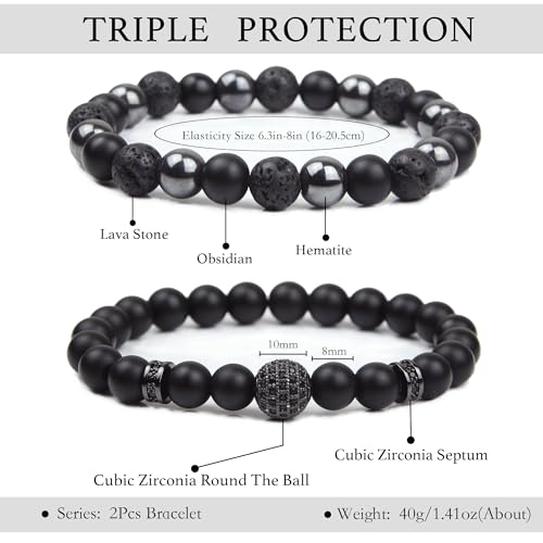 Black Obsidian Bracelet for Men - Black Tourmaline Beaded Bracelets - Mens Bracelet Set 8MM Black Onyx Hematite Lava Stone Beads Triple Protection Bracelet for Men Women Gifts