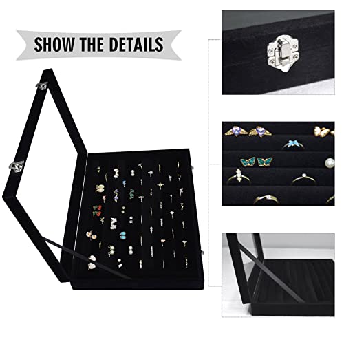 Siveit Rings Organizer Tray 10 Slots Velvet Ring Display Tray Insert Jewelry Earring Storage Box with Transparent Glass lid Can Hold 100 Rings Earrings Suitable for Girls and Women (Black) - color: Black