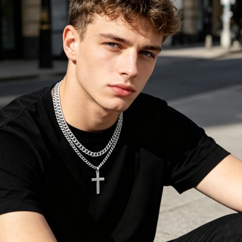 SENRAN Layered Cross Necklace for Men Boys Stainless Steel Layered Cuban Link Chain 16-24 inch Christian Cross Pendant Religious Jewelry Gifts - color: Silver, style: 16inch/18inch