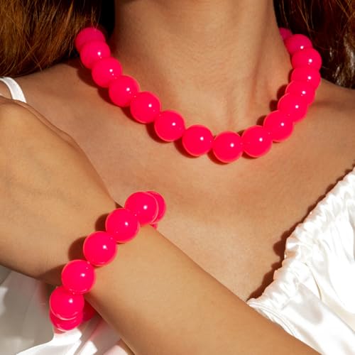 Colorful Chunky Beaded Necklace for Women Acrylic Bead Choker Necklaces Fashion Large Round Beads Necklaces for Women Handmade Summer Jewelry - color: Red bracelet + necklace