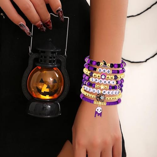 FAERLIIRY Halloween Bracelets for Women Preppy Heishi Bracelets HOCUS POCUS SPOOKY Letter Stack Vinyl Disc Beads Surfer Stretch Bracelet Halloween Cosplay Jewelry Gifts - style: SPOOKY BOO