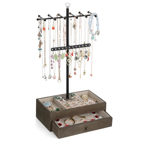 Meangood Jewelry Organizer Stand, 3-Tier Necklace Holder Jewelry Tree with Wooden Storage Drawer Box for Necklace Bracelet Earring Ring, Walnut - color: Weathered Grey