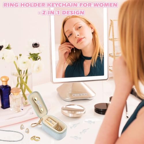 Velvet Mini Travel Jewelry Case, 2 in 1 Ring Holder Keychain + 50 Plastic Earrings, Portable Small Jewelry Organizer for Women, Travel/Gym/Wedding/Bridesmaid Gift - color: blue