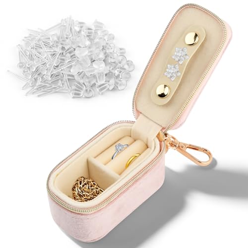 Velvet Mini Travel Jewelry Case, 2 in 1 Ring Holder Keychain + 50 Plastic Earrings, Portable Small Jewelry Organizer for Women, Travel/Gym/Wedding/Bridesmaid Gift - color: pink