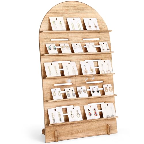 DoubleFill 5 Tier Wooden Earring Display for Vendor Arch Jewelry Display Stand Rack with Adjustable Height for Retail Selling - color: Brown