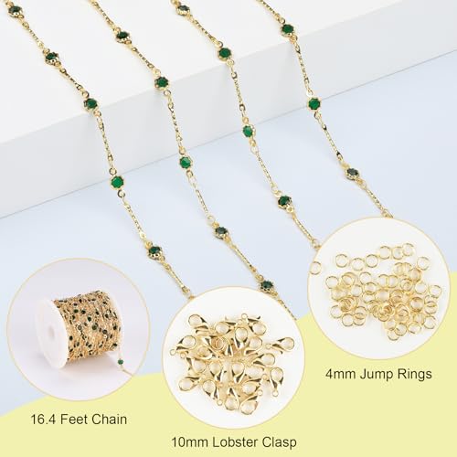SMYHTGLIF 16.4 Feet Emeralds Glass Jewelry Making Chains Gold Plated Stick Chain DIY Chain with Lobster Clasps and Jump Rings for Jewelry Making - color: Green Gold