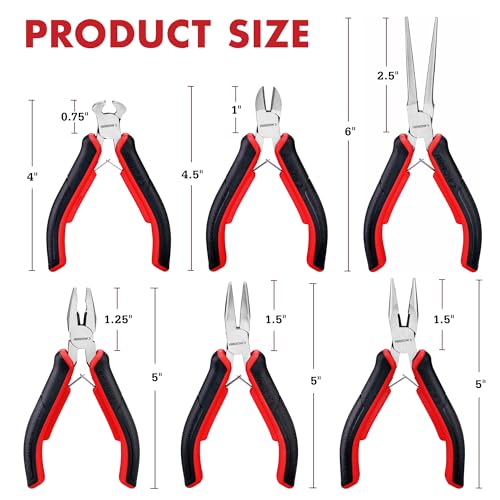 ARROW Mini Pliers Set, 6-Piece Precision Jewelry & Craft Kit – Includes Needle, Diagonal, Long, Bent, End Cutting & Lineman Pliers for Electronics, Crafts & DIY, with Pouch