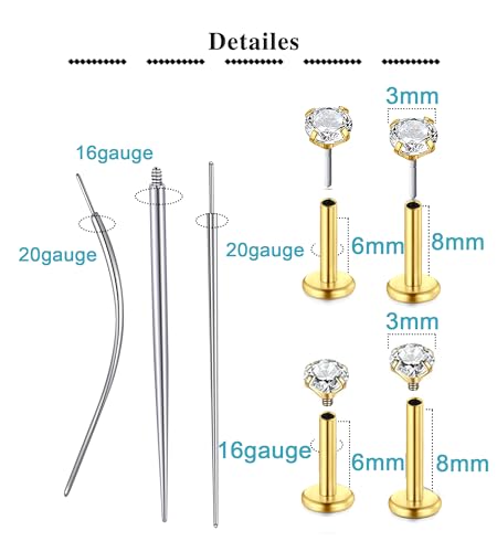 QWALIT Piercing Taper Threadless Insertion Tool - Titanium Labret Pin 16g, 18g, 20g - color: D12 - Gold Threaded+Threadless