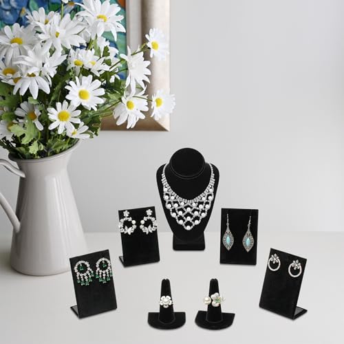 MOOCA Jewelry Display Set, Necklace Display Bust, Earring Organizer, Ring Holder Stand for Showcase and Store, Premium Fabric - color: 2) 7 piece. Black Velvet