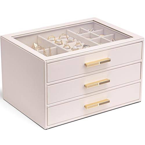 VLANDO Jewelry Box for Women, Glass Lid Jewelry Organizer with 3 Drawers for Necklaces Rings Earrings Bracelets - Light Pink - color: B. Pink, size: 3-Layer