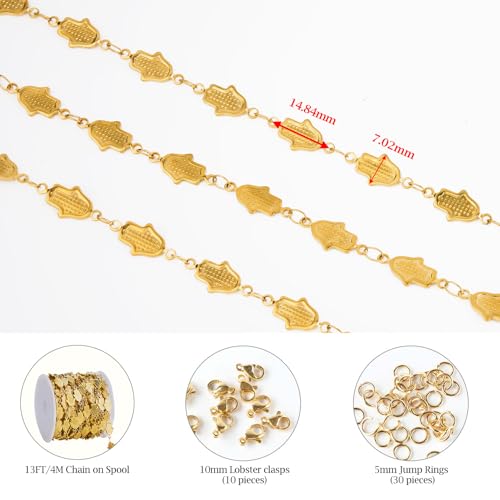 KYUNHOO 4.3 Yards Gold Chains for Jewelry Making Embossed Palm of Hand Chain Links on Spool for Women Men DIY Necklace Bracelet Crafts Find Supplies - color: Hand Gold