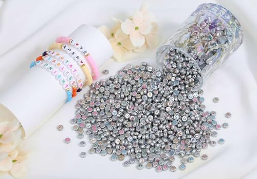 LAIDANLA 1500PCS Acrylic Letter Beads Alphabet Colorful Letters Silver Round Bead 7×4mm for Jewelry Bracelets Necklaces Key Chains Making - color: F-Colorful Letter Silver Beads