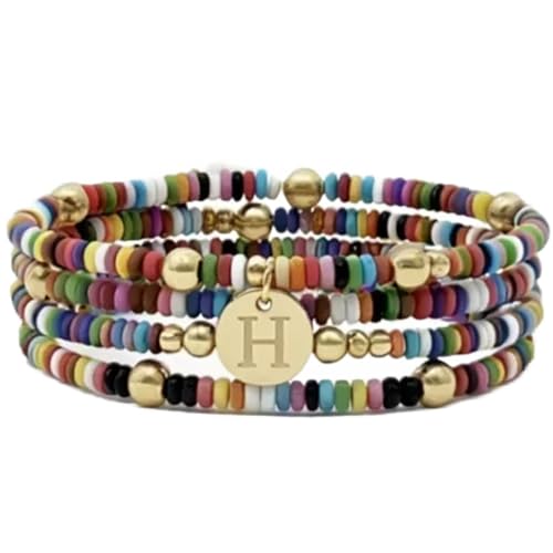 Set of 4 Colorful Bead Initial Bracelets, Personalized Stackable Jewelry, Adjustable Stretchy Charm Bracelets for Women, Beaded Bracelet Set, Trendy Custom Jewelry Gift - style: Colorful Bead - H