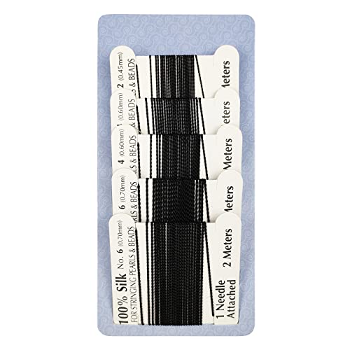 The Hobbyworker 5pcs Silk Beading Cord Thread and Needles Size2/4/6 Black for Knotting Pearl,Crystals,Gemstones and Beads