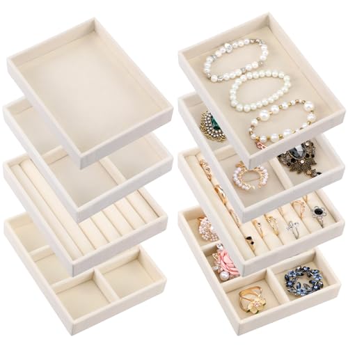Kifmurase 8Pcs Mini Velvet Jewelry Drawer Organizer Trays, Stackable Jewelry Storage Inserts Set, Small Drawer Inserts Display Case for Earrings, Rings, Necklaces, Bracelets