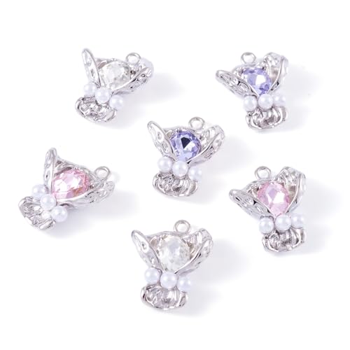 FASHEWELRY 6Pcs Alloy Rhinestone Flower Charms Pink Purple White Crystals Pendants Platinum Crafts Accessories with ABS Pearl Beads for Bracelet Necklace Earring Jewelry Making - color: Gradient Color Butterfly