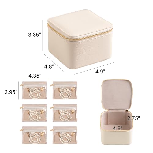 Frebeauty Small Travel Jewelry Box with 6 Pouch Bags, Portable Mini Jewelry Storage, 3.35 x 4.9 x 4.8 Inches, Gift Idea for Women Girls (Beige) - color: Beige