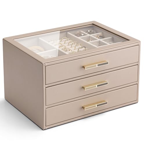 VLANDO 3 Layer Jewelry Box for Women, Glass Lid Jewelry Organizer with 3 Drawers for Necklaces Rings Earrings Bracelets - Toffee - color: F. Toffee, size: 3-Layer