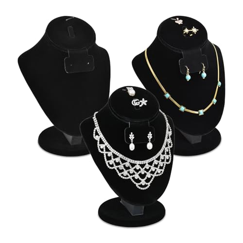 MOOCA 3 Pcs Set Black Velvet Combination Display Jewelry Stand Bust for Necklaces, Earrings, Rings, Jewelry Display For Vendors - color: Black Velvet, 3 pieces