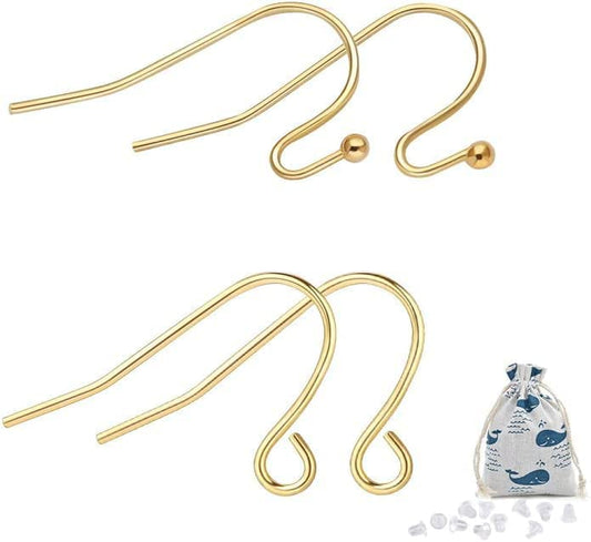 14K Gold Earring Hooks Real Hypoallergenic 100Pcs Ball Dot Ear Wires + Fish Hooks Jewelry Making Supplies Findings with 100Pcs Clear Rubber Earring Backs for DIY Jewely - color: 100pcs gold